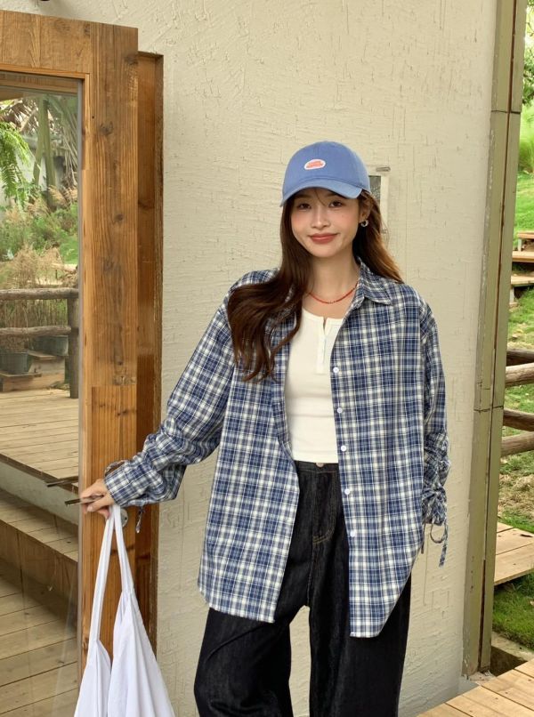 海岸微風格紋襯衫 韓系格紋襯衫 抽繩袖襯衫 長袖襯衫 寬鬆顯瘦 百搭襯衫（2色） 