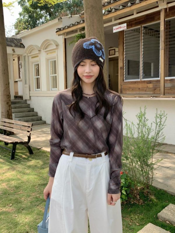 晨霧格紋上衣 春季新款 韓系暈染上衣 長袖打底上衣 修身顯瘦 薄款內搭 氣質穿搭（3色） 