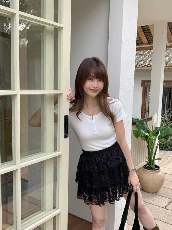 春日花語 蕾絲蛋糕裙 韓系甜妹層次短裙 高腰顯瘦 約會感百搭短裙（2色） 