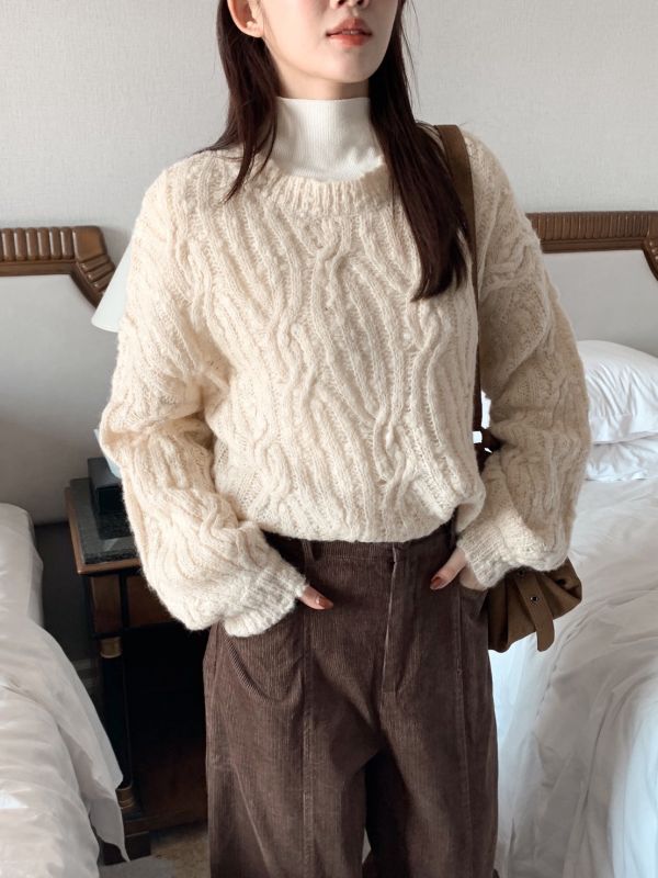 自訂款 奶油編織 立體麻花厚針織上衣 顯瘦寬鬆款（3色） 