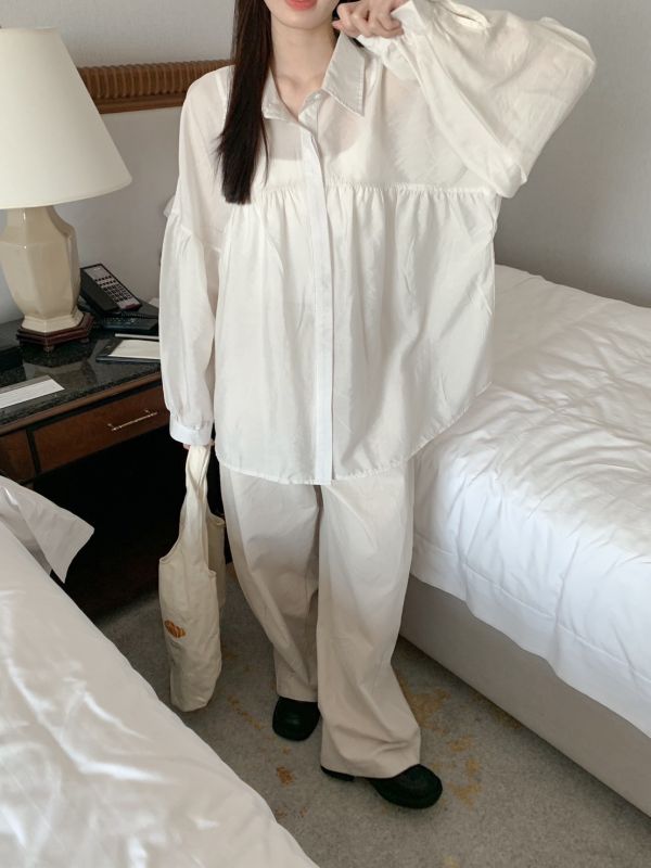收集美好 寬鬆日系澎袖長版襯衫 (3色) 