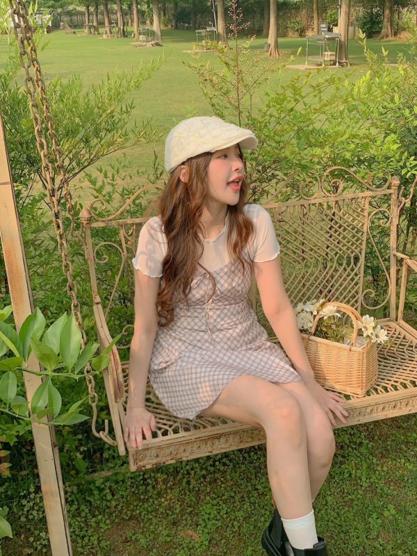 田園鬱金香紫文青格紋短洋裝 
