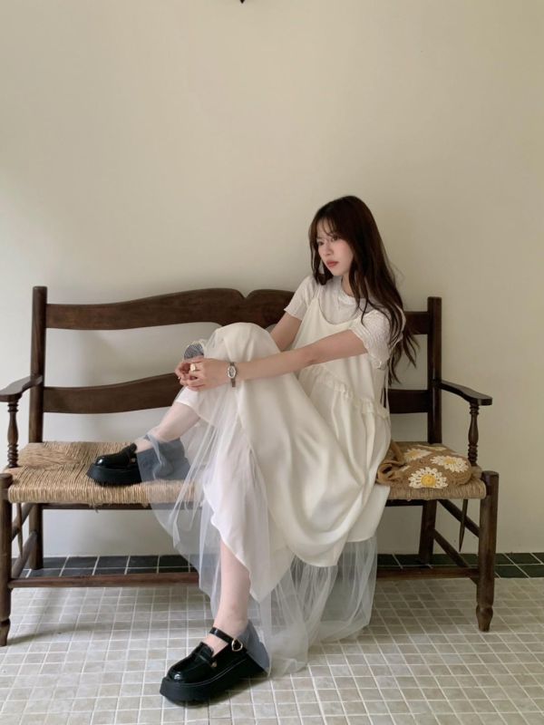 花影層層 細肩輕紗蛋糕洋裝（3色） 