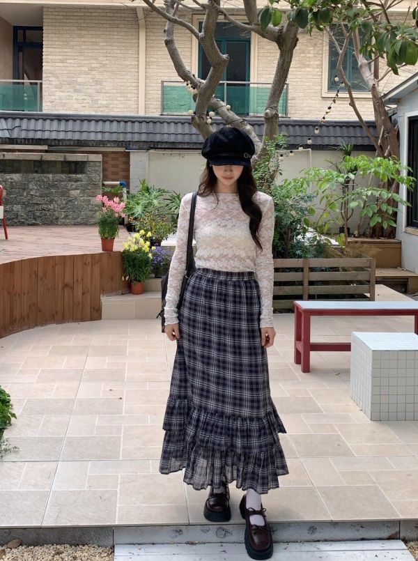 藍莓奶油格紋蛋糕裙 韓系高腰顯瘦層次荷葉裙（2色） 