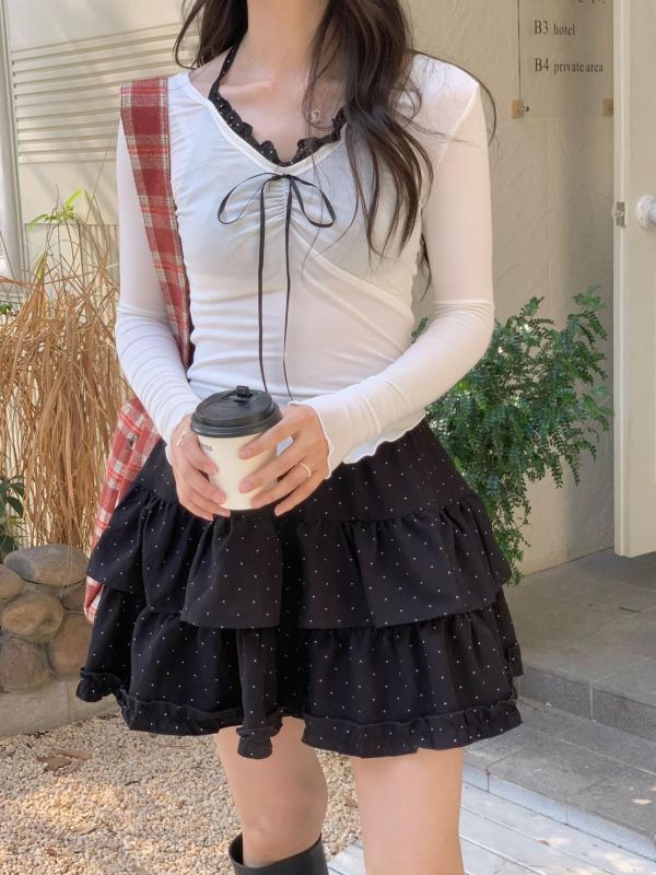 春日心跳蕾絲拼接上衣 蕾絲拼接綁帶長袖上衣 韓系內搭打底（2色） 