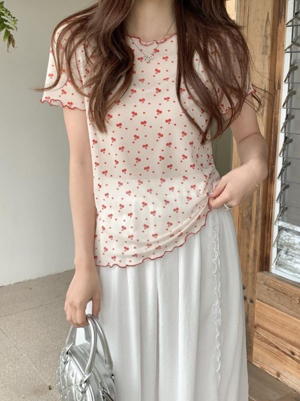 櫻桃糖心 網紗上衣  韓系印花透膚打底衫 百搭短袖（4色） 