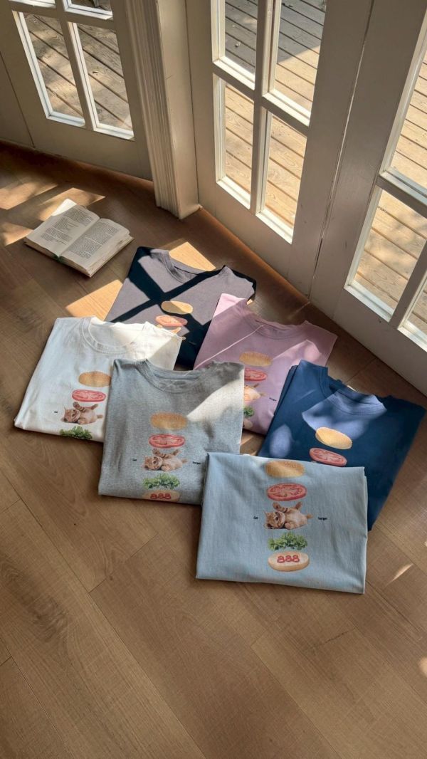 貓咪午餐漢堡印花T  寬鬆短袖上衣 百搭休閒T（6色） 