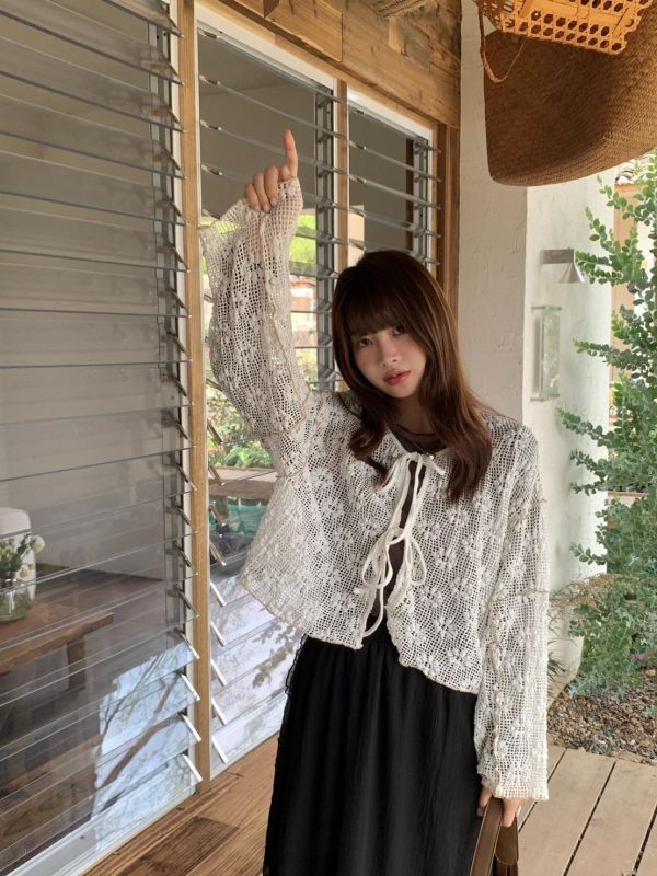 香榭花園針織 韓系綁帶短版針織上衣 慵懶薄針織罩衫（3色） 