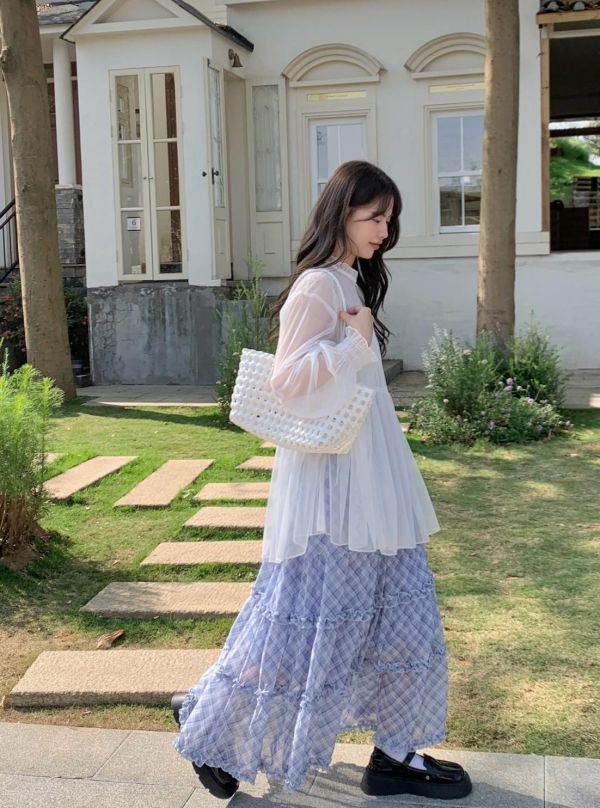 奶油花園格紋裙 春季新款 法式格紋裙 蛋糕裙 A字長裙 高腰顯瘦 氣質長裙 韓系穿搭（2色） 