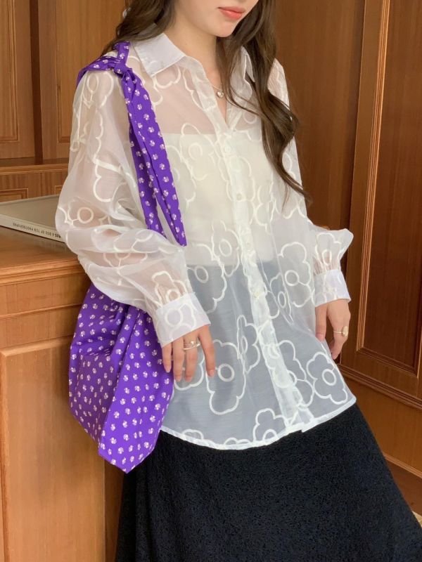 渡假氛圍花花透紗襯衫 後綁帶設計 微透感小性感 寬鬆顯瘦襯衫（3色） 