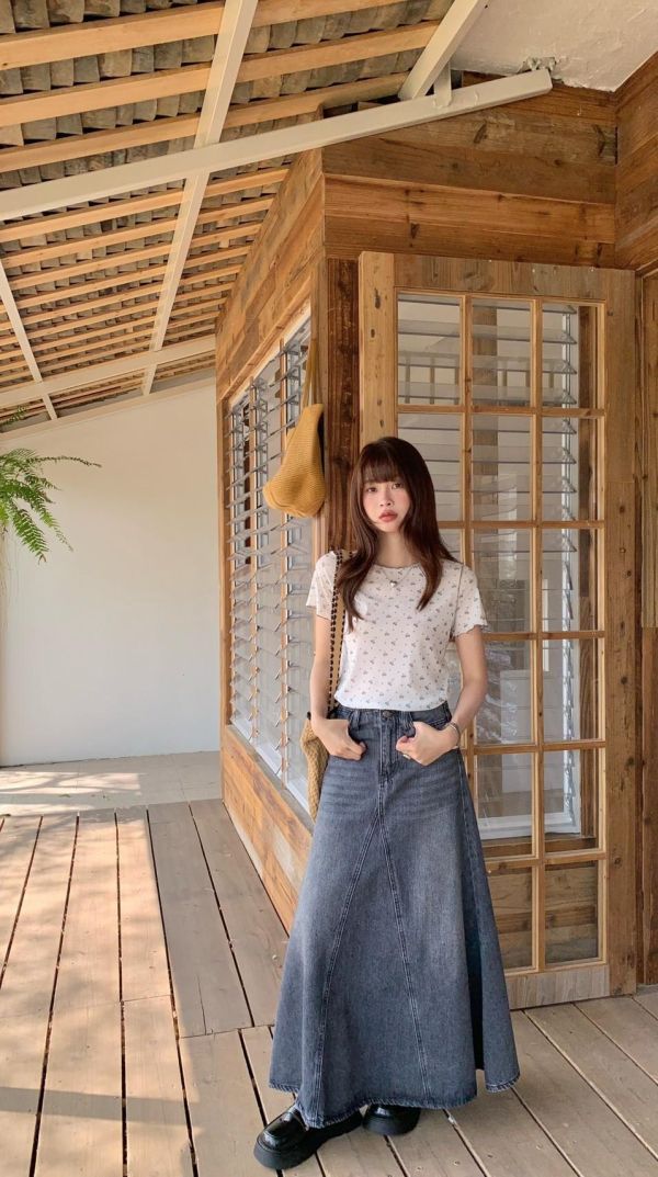 塞納河畔 牛仔長裙 韓系高腰A字牛仔裙 顯瘦顯腿長氣質長裙（S-XL) 