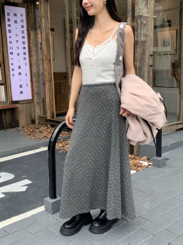 秋日點點長裙 高腰A字半身裙 復古小圓點垂墜長裙(3色） 