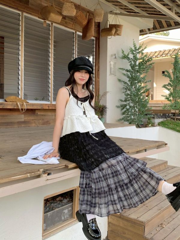 藍莓奶油格紋蛋糕裙 韓系高腰顯瘦層次荷葉裙（2色） 