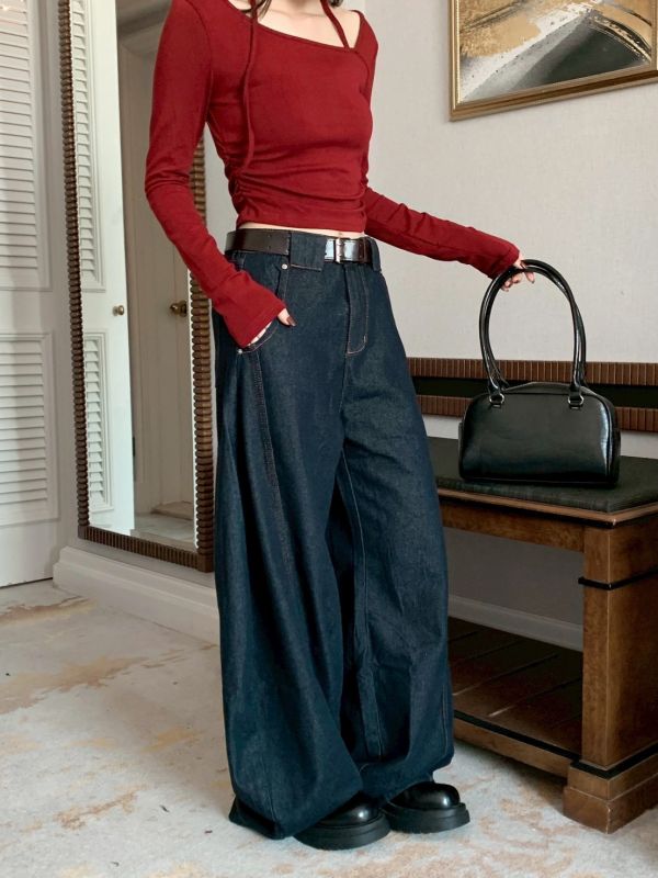 城市深藍 復古大寬褲 走路自帶帥氣風（S-2XL) 