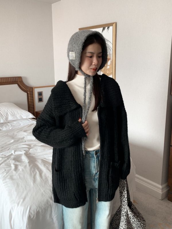 韓系熱可可軟毛針織 大領口拉鍊外套 