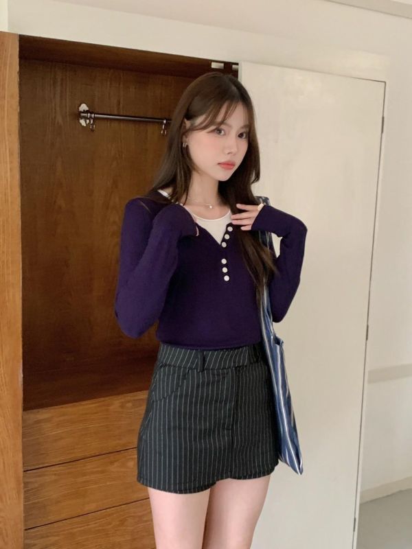 櫻草山漫步 假兩件層次短版上衣（2色） 