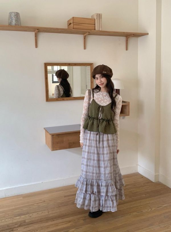 藍莓奶油格紋蛋糕裙 韓系高腰顯瘦層次荷葉裙（2色） 