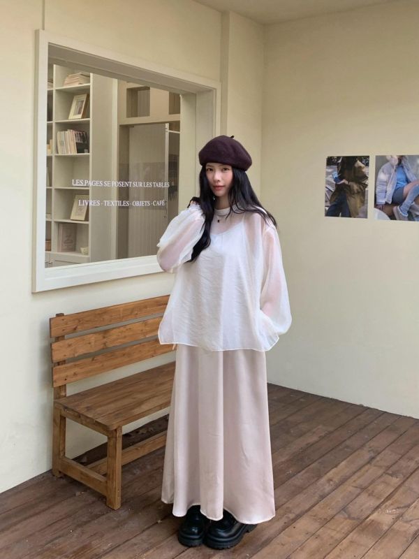 昭和冬夜紗語 日系復古透膚罩衫＋細肩帶背心兩件套 浪漫疊穿上衣（3色) 