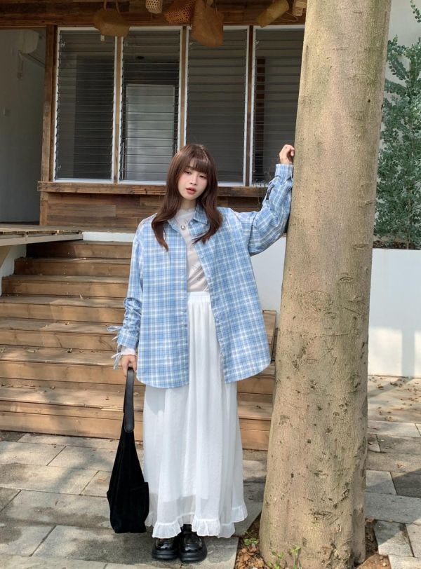 海岸微風格紋襯衫 韓系格紋襯衫 抽繩袖襯衫 長袖襯衫 寬鬆顯瘦 百搭襯衫（2色） 