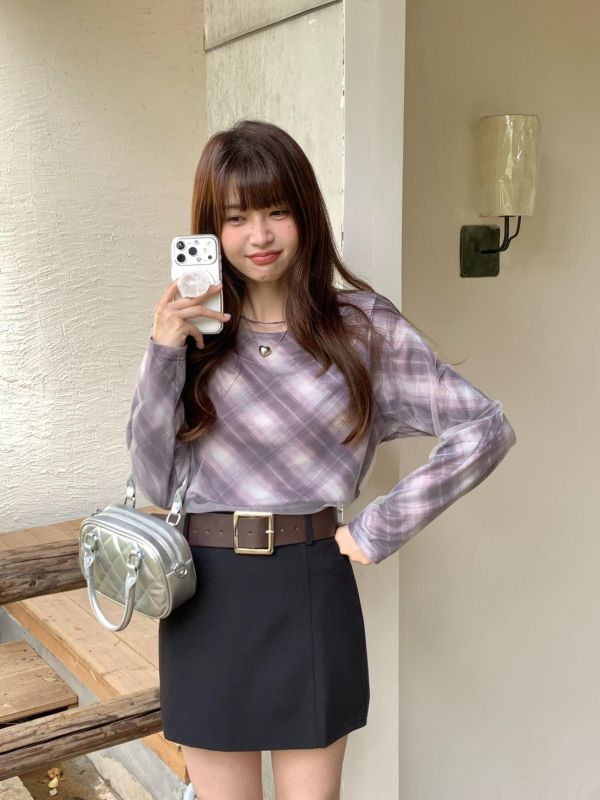 晨霧格紋上衣 春季新款 韓系暈染上衣 長袖打底上衣 修身顯瘦 薄款內搭 氣質穿搭（3色） 