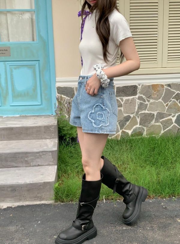 南法日常穿搭 立體花牛仔短褲 百搭顯腿長款（3色） 