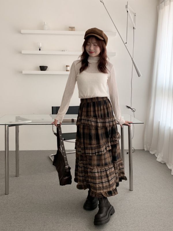 在裙擺裡藏了一點浪漫 多層次格紋蛋糕長裙 顯瘦鬆緊腰 （2色） 