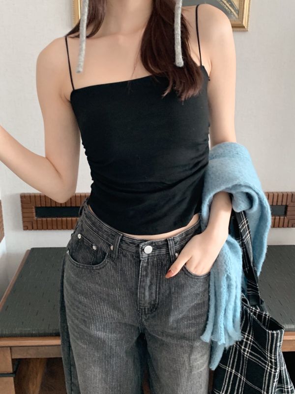 輕霧美胸款 細肩磨毛抓皺吊帶 柔美不做作的小性感（5色） 