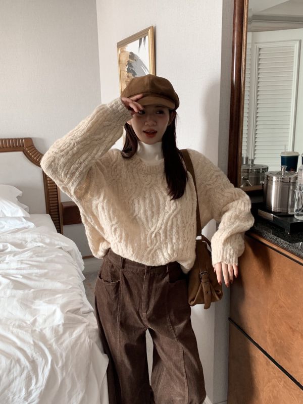 自訂款 奶油編織 立體麻花厚針織上衣 顯瘦寬鬆款（3色） 