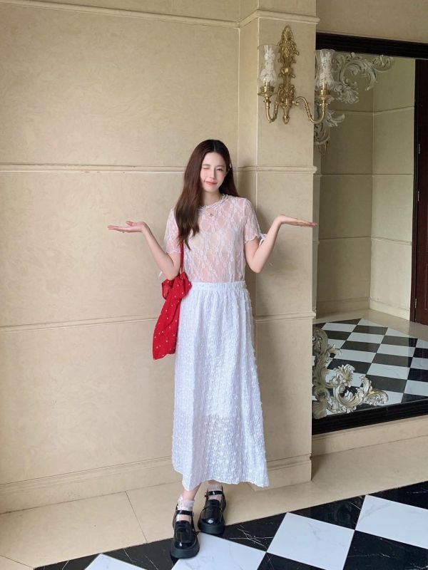 海風花園長裙 立體花紋長裙 鬆緊腰度假長裙 韓系旅行穿搭（3色） 