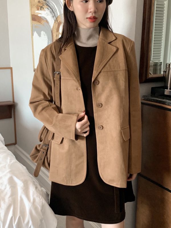 韓系奶油麂皮感 西裝短版外套 