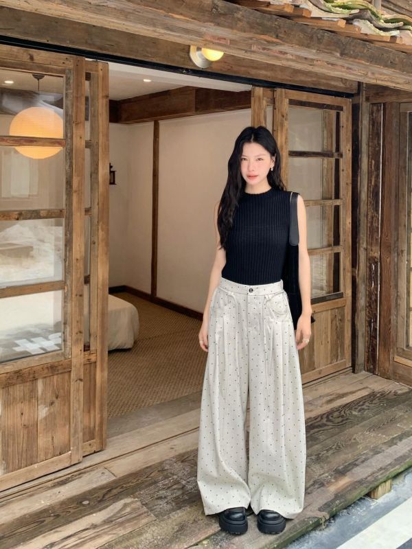 秋日波點咖啡館 高腰雙口袋寬褲 復古點點落地長褲 韓系顯瘦休閒褲(3色） 