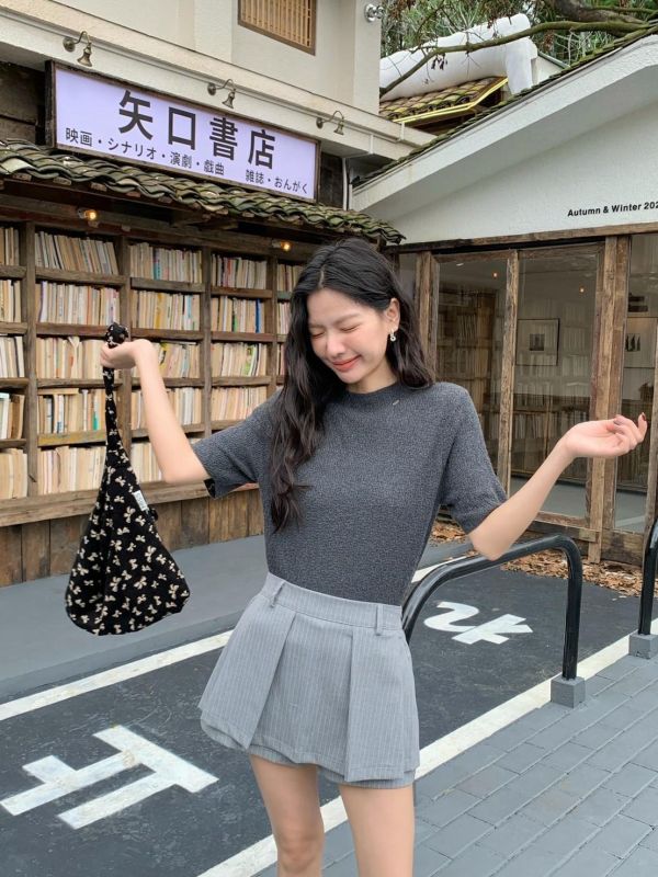 灰色學院日記細條紋高腰西裝褲裙 百褶A字短褲裙 韓系顯瘦學院風（2色） 