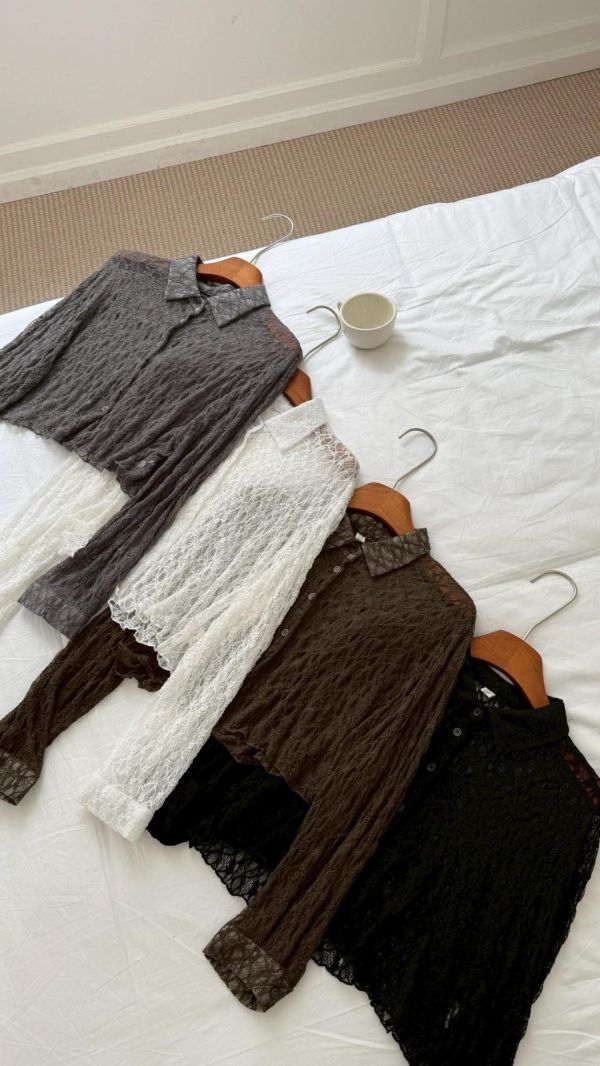 度假氛圍感透膚蕾絲襯衫 微透小性感襯衫（4色） 