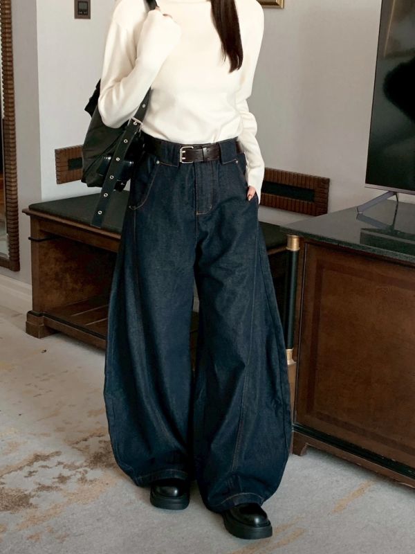 城市深藍 復古大寬褲 走路自帶帥氣風（S-2XL) 