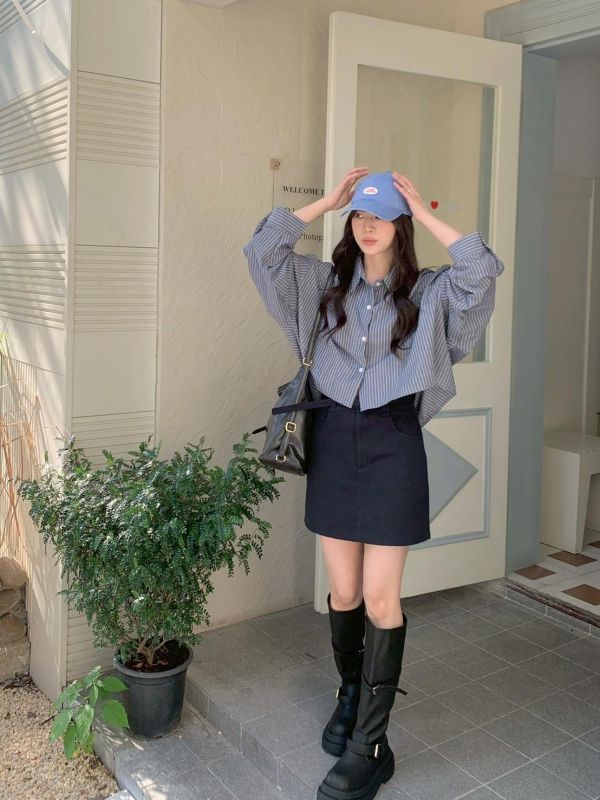 弘大慵懶條紋襯衫 條紋層次短版襯衫 韓系前短後長設計 （2色） 