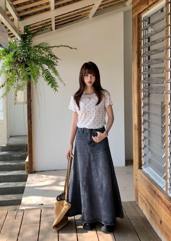 塞納河畔 牛仔長裙 韓系高腰A字牛仔裙 顯瘦顯腿長氣質長裙（S-XL) 