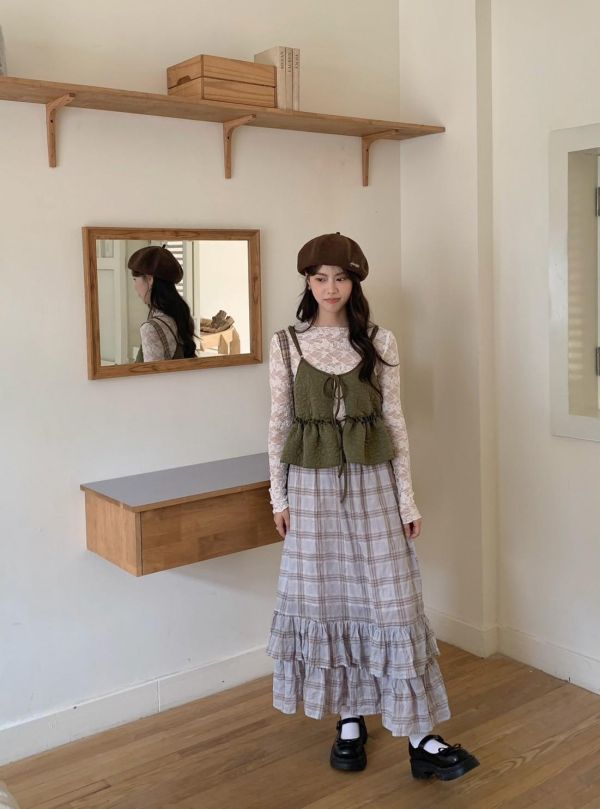 藍莓奶油格紋蛋糕裙 韓系高腰顯瘦層次荷葉裙（2色） 