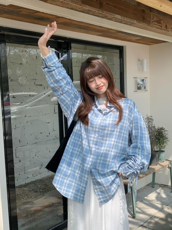 海岸微風格紋襯衫 韓系格紋襯衫 抽繩袖襯衫 長袖襯衫 寬鬆顯瘦 百搭襯衫（2色） 