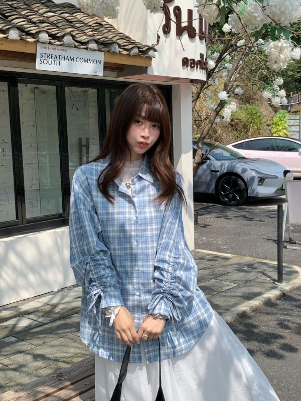 海岸微風格紋襯衫 韓系格紋襯衫 抽繩袖襯衫 長袖襯衫 寬鬆顯瘦 百搭襯衫（2色） 