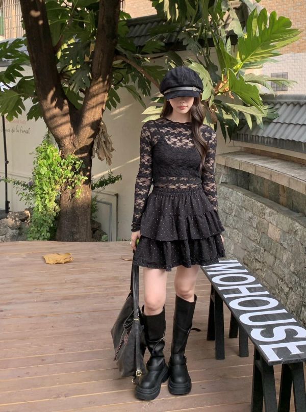 奶霜點點蛋糕短裙 韓系高腰顯瘦 層次荷葉裙 小辣感短裙 百搭春裝（2色） 