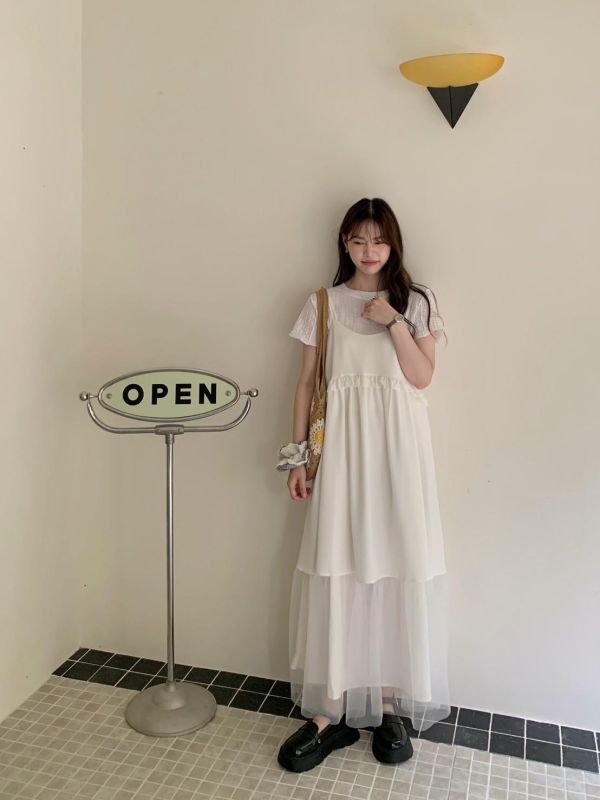 花影層層 細肩輕紗蛋糕洋裝（3色） 