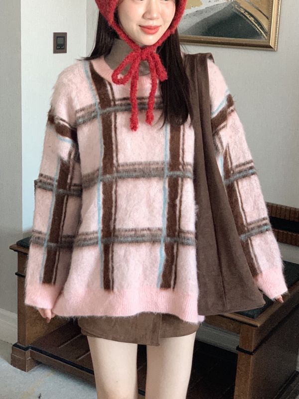 北國暖光 毛絨格紋寬鬆針織上衣 冬季溫柔感必收（3色） 