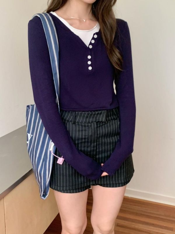 櫻草山漫步 假兩件層次短版上衣（2色） 