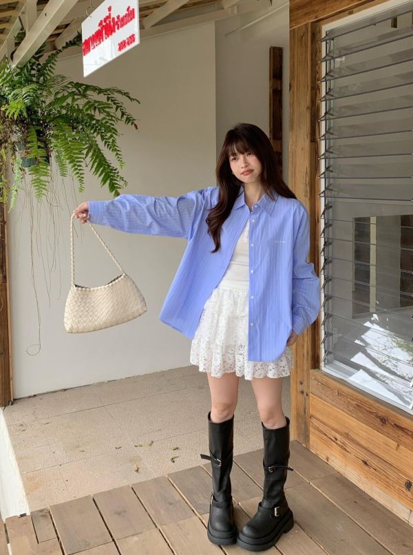 清晨藍調百搭長袖襯衫 顯瘦襯衫 學院風襯衫 氣質藍色襯衫 上班通勤穿搭（2色） 