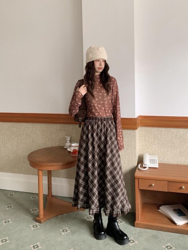 京都日落 日系復古格紋長裙 顯瘦A字版型 鬆緊腰不勒 垂墜好走路秋冬百搭必收（2色） 