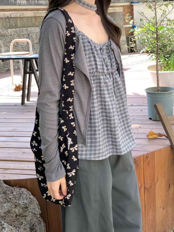 春日微霧感  細格綁帶背心+薄罩衫兩件套 韓系溫柔疊穿 （2色） 