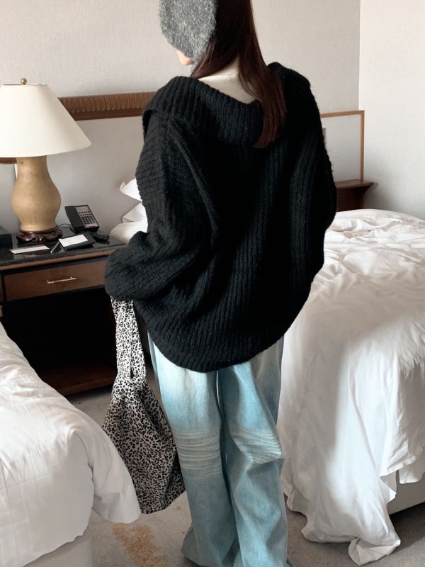 韓系熱可可軟毛針織 大領口拉鍊外套 