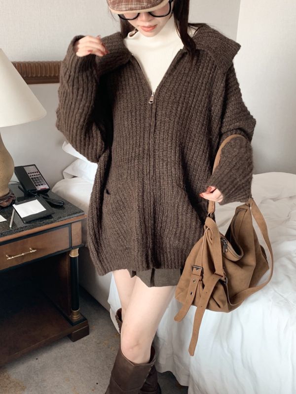 韓系熱可可軟毛針織 大領口拉鍊外套 