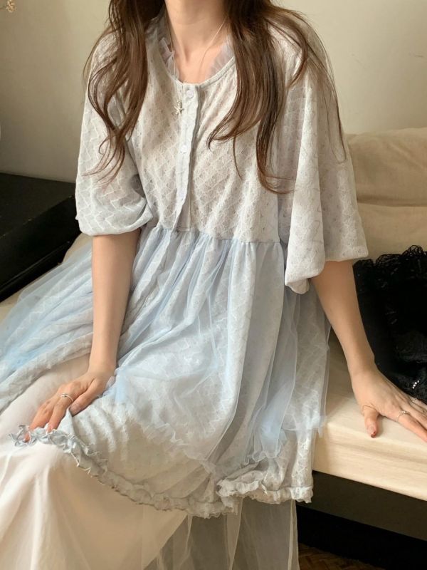 暮夏花語拼接洋裝 仙女感蕾絲網紗洋裝（4色） 