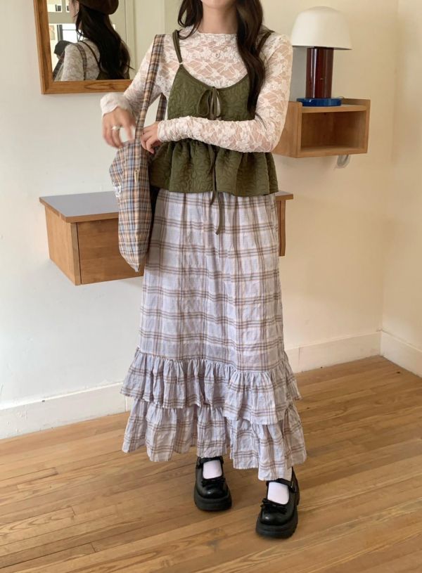 藍莓奶油格紋蛋糕裙 韓系高腰顯瘦層次荷葉裙（2色） 